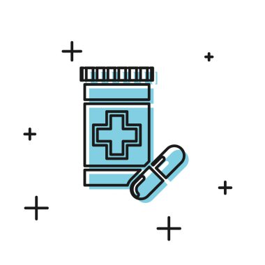 Siyah Tıp şişe ve hap simgesi beyaz arka plan üzerinde izole. Şişe hapı işareti. Eczane tasarımı. Vektör İllüstrasyonu