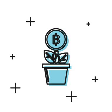 Siyah Bitcoin bitki saksı simgesi beyaz arka plan üzerinde izole. İş yatırımı büyümesi. Blockchain teknolojisi, kripto para madenciliği. Vektör İllüstrasyonu