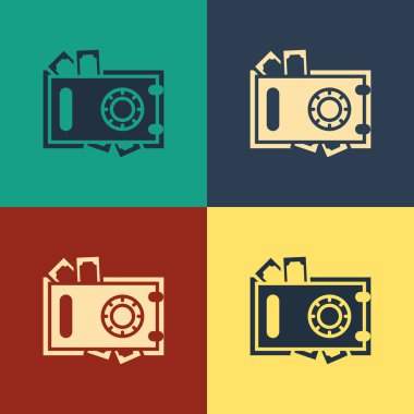 Renk Güvenli ve para simgesi renk arka planda yalıtılmış. Kapı kasası, kombine kilidi olan bir banka kasası. Güvenilir veri koruması. Vintage tarzı çizim. Vektör İllüstrasyonu