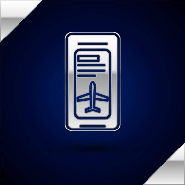 Gümüş Smartphone elektronik biniş kartı uçak bileti simgesi lacivert arka plan üzerinde izole ile. Web ve uygulama için yolcu uçağı mobil bilet. Vektör İllüstrasyon