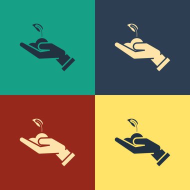 Renk arka planda izole çevre koruma simgesi elinde Renk Filiz. Tohum ve fide. Fidan dikimi. Ekoloji kavramı. Vintage tarzı çizim. Vektör İllüstrasyonu