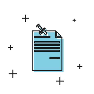 Beyaz arka planda yalıtılmış sabitlenmiş düğme simgesine sahip Black Note kağıt. Not kağıdı tabelası. Vektör İllüstrasyonu