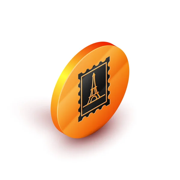 Carimbo postal isométrico e ícone da torre Eiffel isolado sobre fundo branco. Botão laranja círculo. Ilustração vetorial — Vetor de Stock