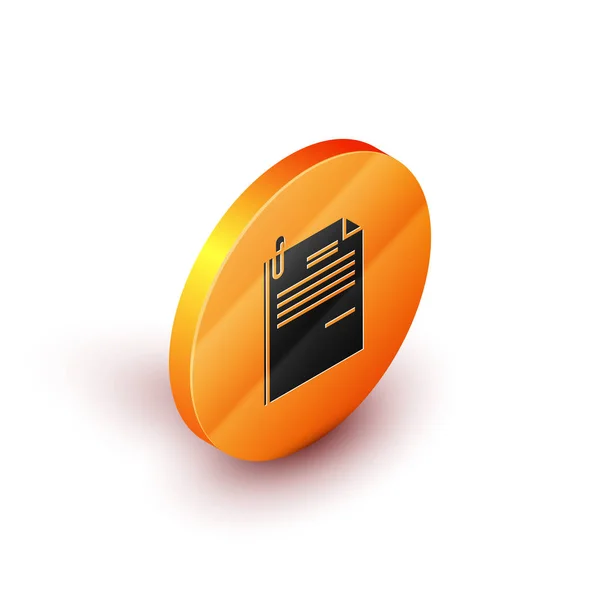 Isometrisches Dateidokument und Büroklammersymbol isoliert auf weißem Hintergrund. Checklisten-Symbol. Geschäftskonzept. orange Kreis-Taste. Vektorillustration — Stockvektor