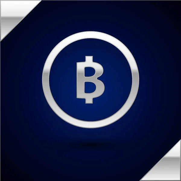 Argent pièce crypto-monnaie icône Bitcoin isolé sur fond bleu foncé. Pièce de monnaie physique. Blockchain basé crypto-monnaie sécurisée. Illustration vectorielle — Image vectorielle