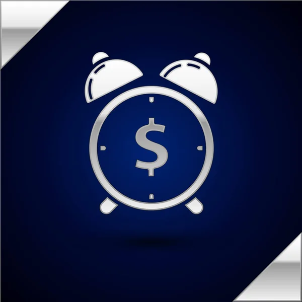 Réveil en argent avec icône symbole dollar isolé sur fond bleu foncé. Le temps c'est de l'argent. Gestion efficace du temps. Concept d'entreprise. Illustration vectorielle — Image vectorielle
