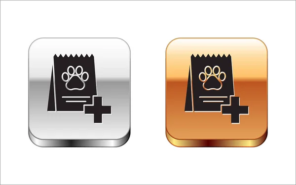 Zwarte tas van voedsel voor hond pictogram geïsoleerd op witte achtergrond. Hond of kat Paw Print. Voedsel voor dieren. Huisdier voedselpakket. Zilver-gouden vierkante knop. Vector illustratie — Stockvector