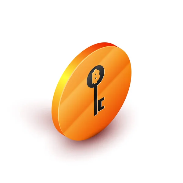 Isometryczna kryptowaluta Bitcoin ikona klucza na białym tle. Koncepcja cyberbezpieczeństwa lub cyfrowego klucza z interfejsem technologicznym. Pomarańczowy przycisk koła. Ilustracja wektorowa — Wektor stockowy