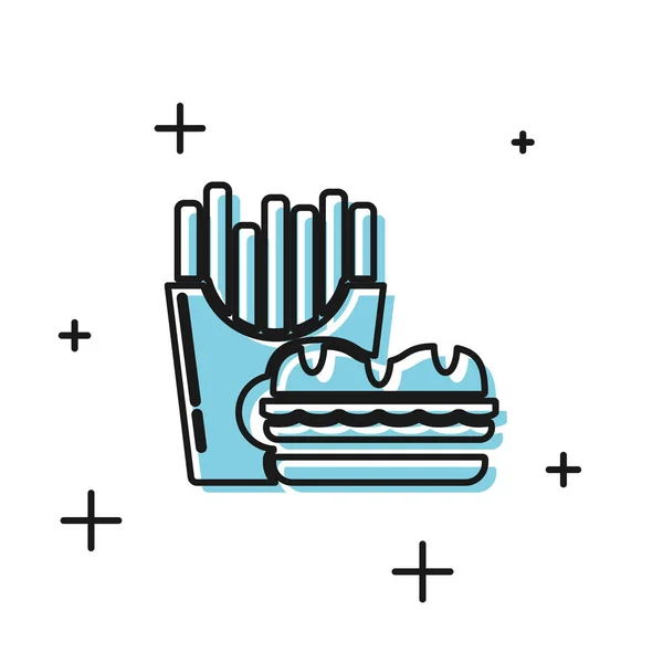 Siyah Burger ve karton paket kutusu simgesi beyaz arka plan üzerinde izole patates kızartması. Hamburger, hamburger, çizburgerli sandviç. Fast food menüsü. Vektör İllüstrasyonu — Stok Vektör