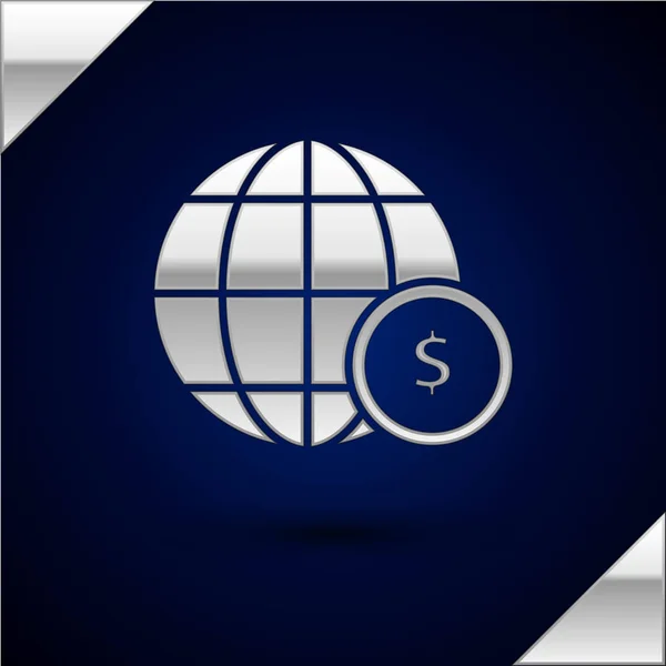 Zilver Earth Globe met dollar symbool pictogram geïsoleerd op donker blauwe achtergrond. Wereld-of Aardeteken. Globaal Internet symbool. Geometrische vormen. Vector illustratie — Stockvector