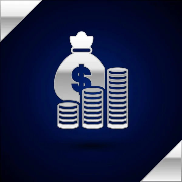 Ασημένια τσάντα Money και κέρμα εικονίδιο απομονωθεί σε σκούρο μπλε φόντο. Δολάριο ή USD σύμβολο. Μετρητά πινακίδα τραπεζικού νομίσματος. Απεικόνιση διανυσματικών φορέων — Διανυσματικό Αρχείο