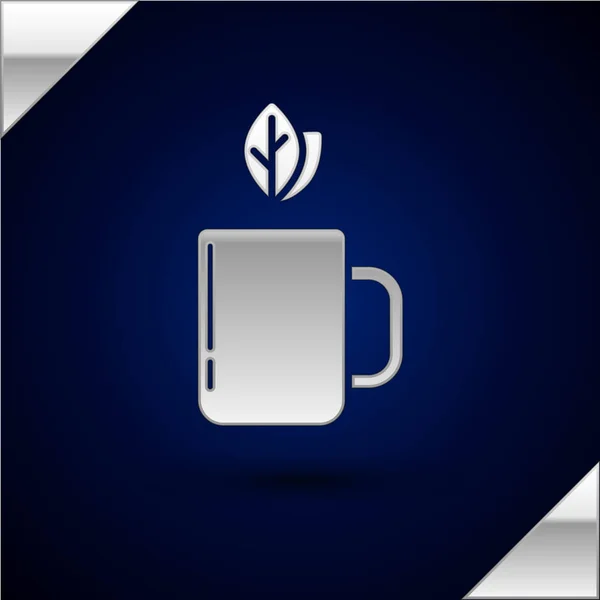 Silver Cup of tea and leaf icon isolato su sfondo blu scuro. Illustrazione vettoriale — Vettoriale Stock