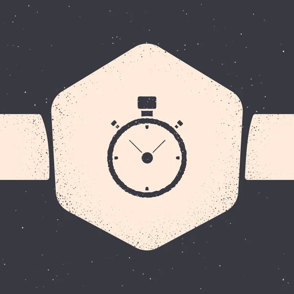 Grunge Stopwatch icono aislado sobre fondo gris. Signo del temporizador. Signo de cronómetro. Dibujo vintage monocromo. Ilustración vectorial — Vector de stock