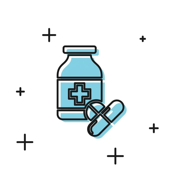 Black Medicine garrafa e pílulas ícone isolado no fundo branco. Sinal de pílula de garrafa. Design de farmácia. Ilustração vetorial — Vetor de Stock