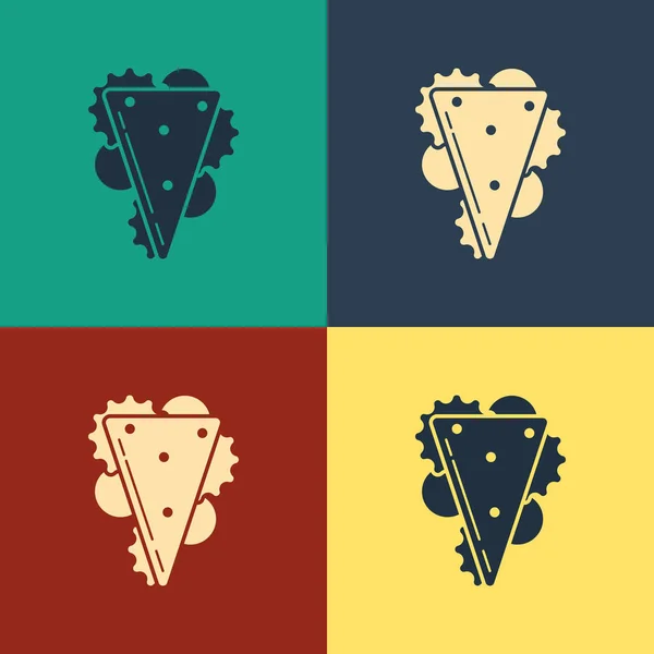 カラーサンドイッチアイコンは、色の背景に分離されています。ハンバーガーのアイコン。ハンバーガーのシンボル。チーズバーガーのサンドイッチサインストリートファーストフードメニュー。ヴィンテージスタイルの図面。ベクトルイラストレーション — ストックベクタ