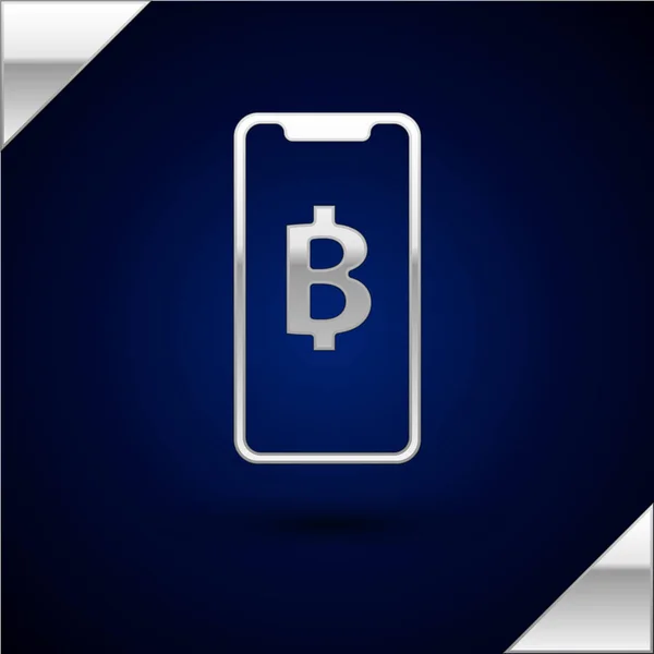 Zilveren telefoon mobiele en cryptogeld Coin Bitcoin pictogram geïsoleerd op donker blauwe achtergrond. Fysieke bit munt. Blockchain gebaseerde Secure crypto-valuta. Vector illustratie — Stockvector