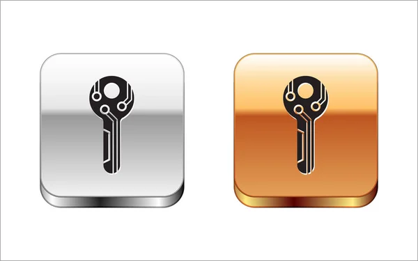 Fekete Cryptocurrency kulcs ikon izolált fehér háttér. Fogalma számítógépes biztonsági vagy személyes kulcs, digitális kulcs a technológia interfész. Ezüst-arany négyzetgomb. Vektoros illusztráció — Stock Vector