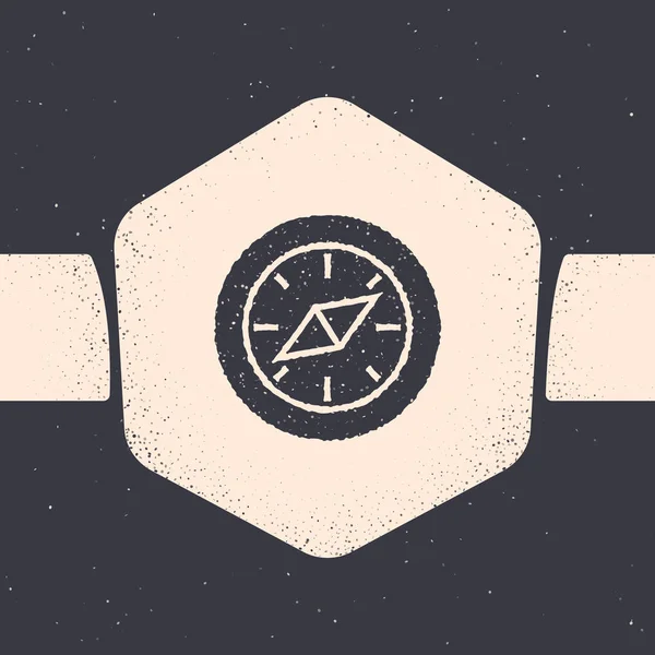 Icône Grunge Compass isolée sur fond gris. Windrose symbole de navigation. Signe rose des vents. Dessin vintage monochrome. Illustration vectorielle — Image vectorielle