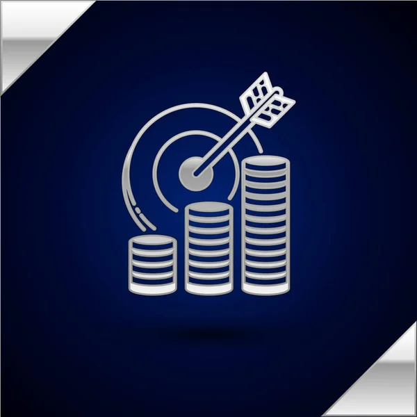 Ασημένιο στόχο με το σύμβολο του νομίσματος απομονώνεται σε σκούρο μπλε φόντο. Εικονίδιο επενδυτικού στόχου. Επιτυχημένη επιχειρηματική έννοια. Σήμα μετρητών ή χρημάτων. Απεικόνιση διανυσματικών φορέων — Διανυσματικό Αρχείο