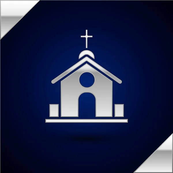 Икона здания серебряной церкви выделена на темно-синем фоне. Христианская церковь Религия церкви. Векторная миграция — стоковый вектор