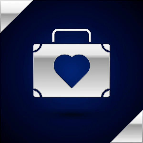 Silberner Reisekoffer mit Herzsymbol auf dunkelblauem Hintergrund. Hochzeitsreise. Reisegepäckzeichen. Reisegepäcksymbol. Vektorillustration — Stockvektor