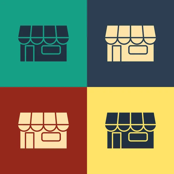 Color Edificio de compras o icono de tienda de mercado aislado sobre fondo de color. Construcción de tiendas. Dibujo de estilo vintage. Ilustración vectorial — Vector de stock