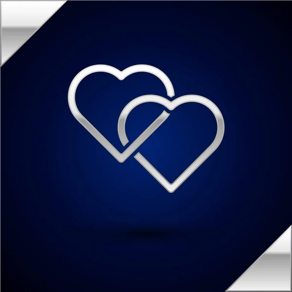 Icono de Silver Two Linked Hearts aislado sobre fondo azul oscuro. Símbolo romántico vinculado, unirse, pasión y boda. Símbolo de San Valentín. Ilustración vectorial — Vector de stock