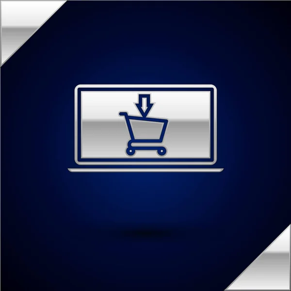 Silberner Warenkorb auf dem Bildschirm Laptop-Symbol isoliert auf dunkelblauem Hintergrund. Konzept E-Commerce, E-Business, Online Business Marketing. Vektorillustration — Stockvektor