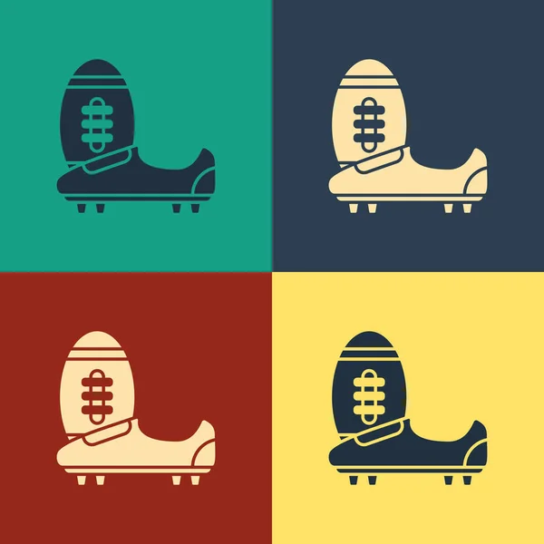 Cor Futebol ou sapatos de futebol com picos ícone isolado no fundo da cor. Bota e bola de futebol americano. Desenho de estilo vintage. Ilustração vetorial — Vetor de Stock