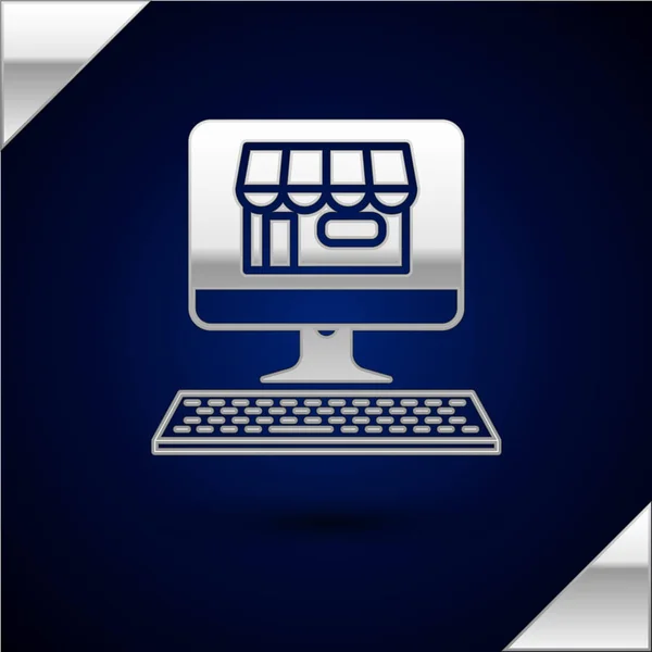 Prédio de compras de prata no ícone do computador de tela isolado no fundo azul escuro. Conceito e-commerce, e-business, marketing de negócios online. Ilustração vetorial — Vetor de Stock
