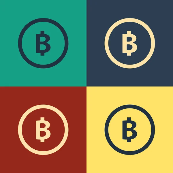 Колір Криптовалюта значок Bitcoin ізольовано на кольоровому фоні. Фізична бітова монета. Блокчейн заснований на безпечній криптовалюті. Малюнок вінтажного стилю. Векторна ілюстрація — стоковий вектор