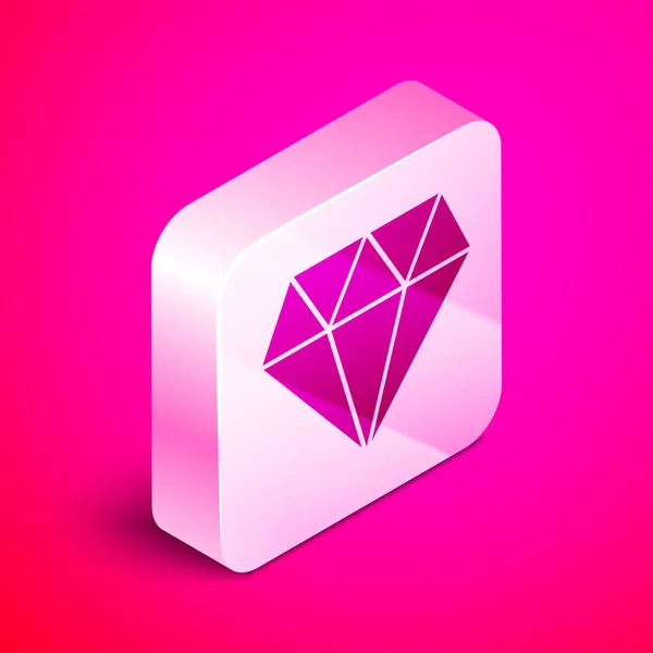 Ізометрична піктограма діаманта ізольована на рожевому фоні. Символ ювелірних виробів. Камінь кольорів. Срібна квадратна кнопка. Векторна ілюстрація — стоковий вектор