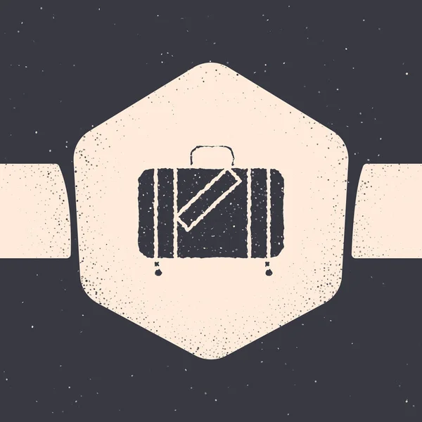 Grunge Suitcase az utazás és a matricák ikon izolált szürke háttér. Utazópoggyász jele. Útipoggyász ikonra. Monokróm Vintage rajz. Vektoros illusztráció — Stock Vector