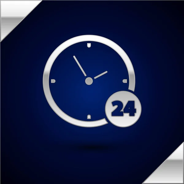 Gümüş Saat 24 saat simgesi koyu mavi arka plan üzerinde izole. Tüm gün döngüsel simge. 24 saat hizmet sembolü. Vektör İllüstrasyonu — Stok Vektör