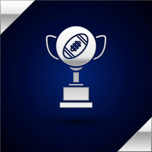 Silver Award cup and American football ball icon isolated on dark blue background. Winner trophy symbol. Championship or competition trophy. Vector Illustration — Stock Vector