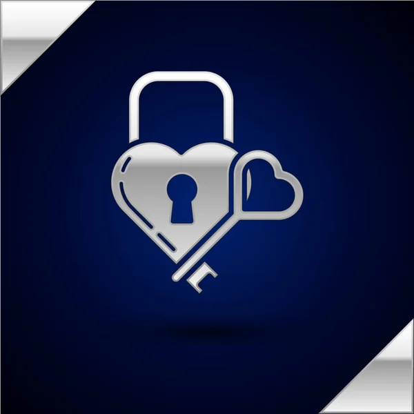 Silver Castle in de vorm van een hart en sleutel icoon geïsoleerd op donker blauwe achtergrond. Vergrendelde hart. Liefde symbool en Keyhole teken. Vector illustratie — Stockvector