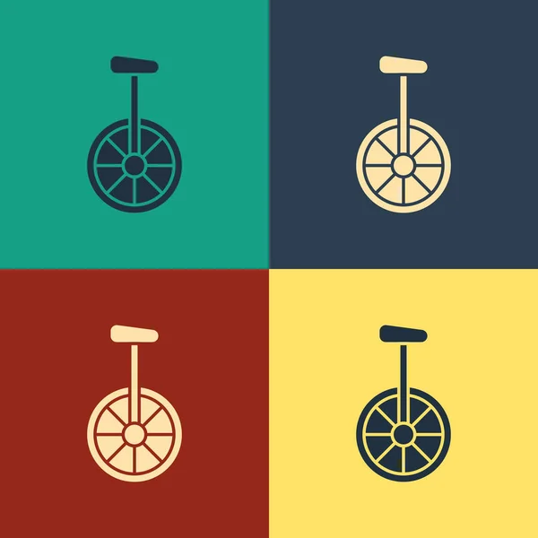 Farb-Einrad oder Einrad-Fahrrad-Symbol auf farbigem Hintergrund isoliert. Einrad-Fahrrad. Vintage-Stil Zeichnung. Vektorillustration — Stockvektor
