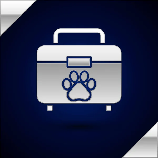 Silbernes Verbandskasten-Symbol auf dunkelblauem Hintergrund. Pfotenabdruck für Hund oder Katze. Klinikbox. Vektorillustration — Stockvektor
