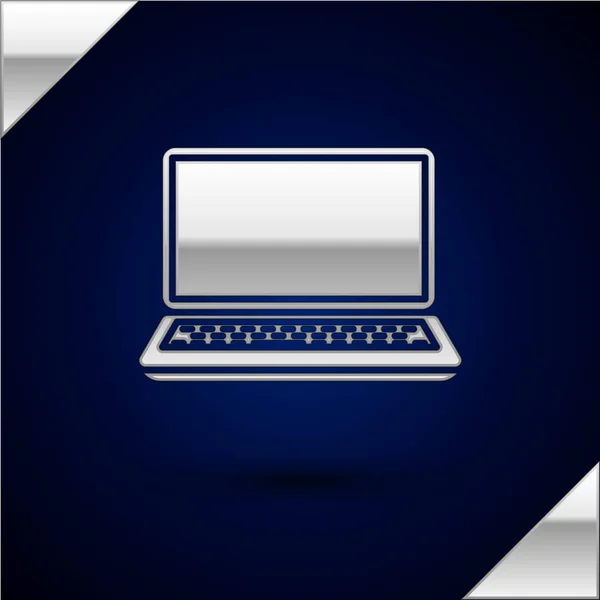 Ikon Laptop perak diisolasi dengan latar belakang biru tua. Buku catatan komputer dengan tanda layar kosong. Ilustrasi Vektor - Stok Vektor