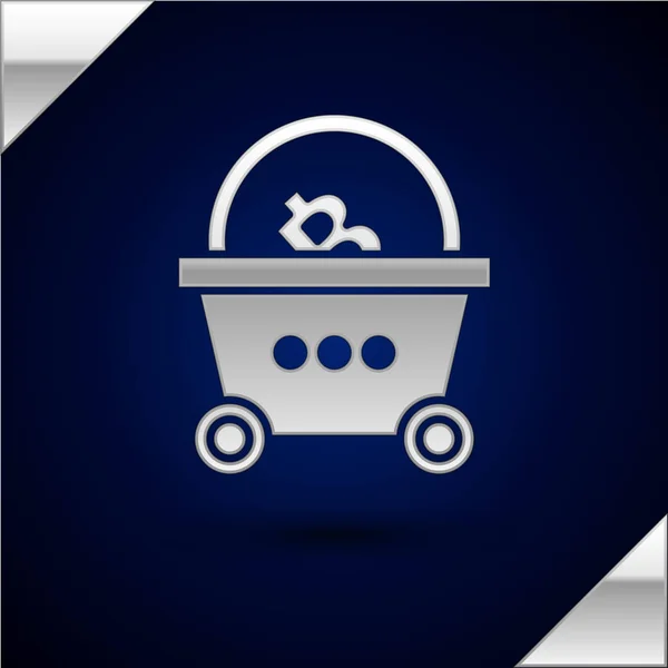 Silver Shopping basket with bitcoin icon isolated on dark blue background. Blockchain technology, cryptocurrency mining, digital money market. Vector Illustration — Stock Vector