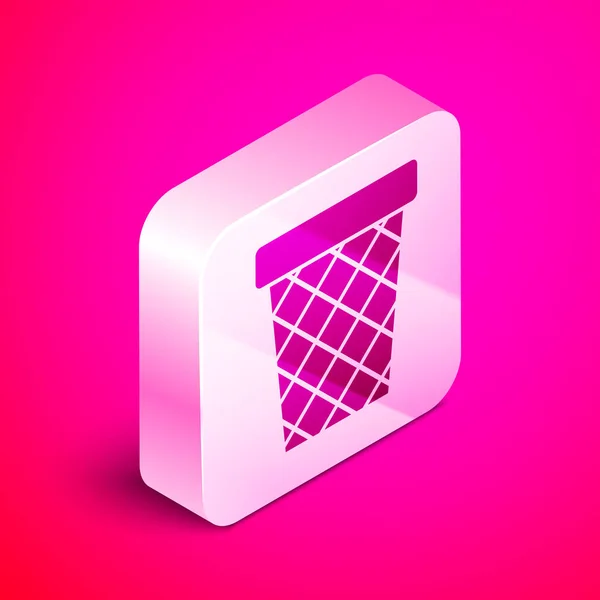 Isometric Trash can icon isolated on pink background. Garbage bin sign. Recycle basket icon. Office trash icon. Silver square button. Vector Illustration