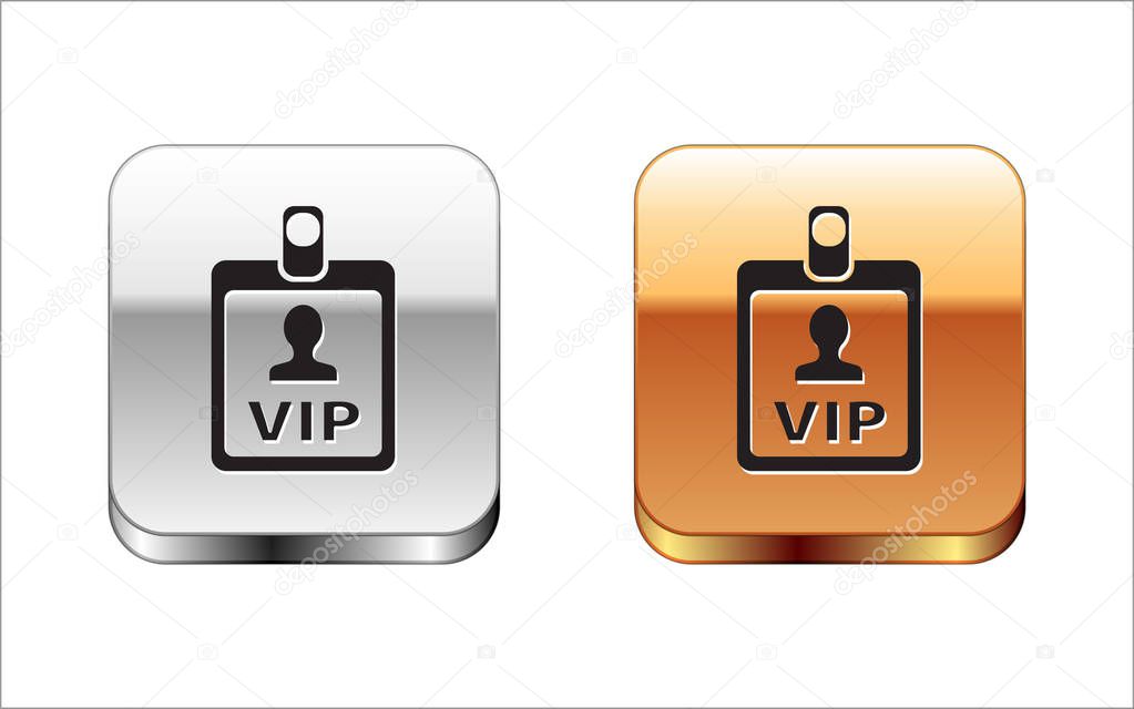 Black VIP badge icon isolated on white background. Silver-gold square button. Vector Illustration