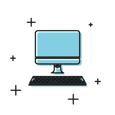 Beyaz arka planda yalıtılmış klavye simgesine sahip Siyah Bilgisayar monitörü. Pc bileşen işareti. Vektör İllüstrasyonu