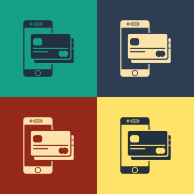 Renk Cep telefonu ve kredi kartı simgesi renk arka planda yalıtılmış. Smartphone online ödeme konsepti. Nfc ödeme. Transfer simgesi. Vintage tarzı çizim. Vektör İllüstrasyonu