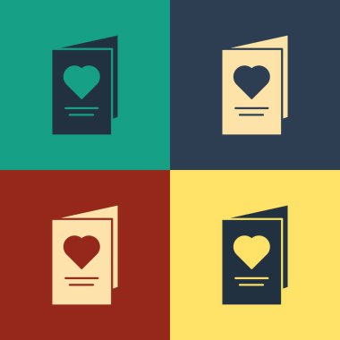 Renk arka planda izole kalp simgesi ile Renk Sevgililer günü parti el ilanı. Davet veya tebrik kartı için kutlama posteri şablonu. Vintage tarzı çizim. Vektör İllüstrasyonu