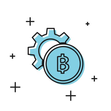 Siyah Cryptocurrency sikke Bitcoin simgesi beyaz arka plan üzerinde izole. Dişli ve Bitcoin ayarı. Blockchain tabanlı güvenli kripto para birimi. Vektör İllüstrasyonu