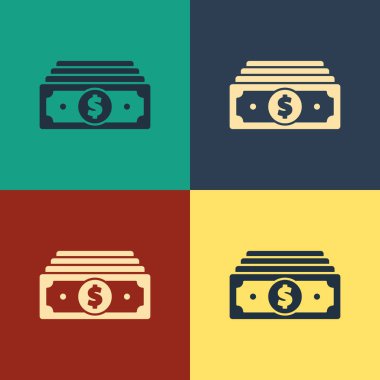 Renk Yığınları kağıt para nakit simgesi renk arka planda izole. Para banknotları yığınları. Fatura para birimi. Vintage tarzı çizim. Vektör İllüstrasyonu