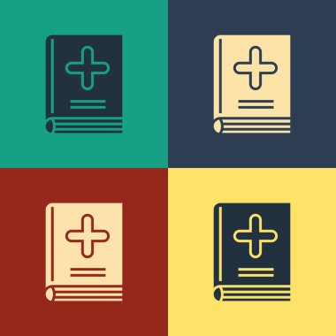 Renk Tıbbi kitap simgesi renk arka planda izole. Vintage tarzı çizim. Vektör İllüstrasyonu