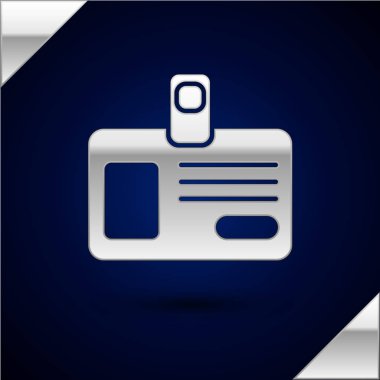 Koyu mavi arka planda yalıtılmış Gümüş Kimlik rozeti simgesi. Bu sunum için kullanılabilir, şirketin kimliği, reklam. Vektör İllüstrasyonu