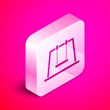 İzometrik Salıncak simgesi pembe arka plan üzerinde izole. Oyun alanı sembolü. Gümüş kare düğme. Vektör İllüstrasyonu